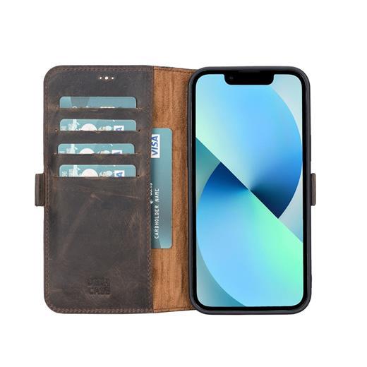 Apple İphone 13 Pro Uyumlu Deri Cüzdanlı Kılıf Acı Kahve