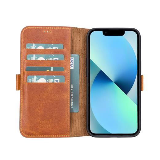 Apple İphone 13 Uyumlu Deri Cüzdanlı Kılıf Antik Taba