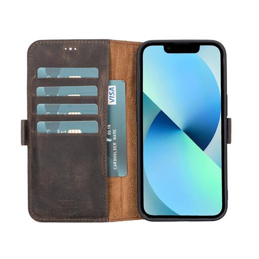 Apple İphone 13 Uyumlu Deri Cüzdanlı Kılıf Acı Kahve