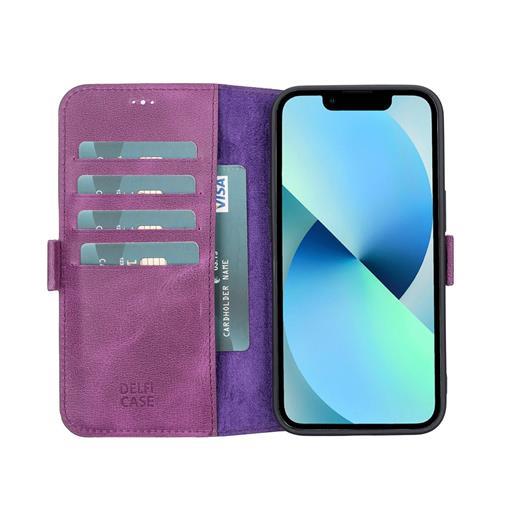 Apple İphone 13 Uyumlu Deri Cüzdanlı Kılıf Rustik Mor