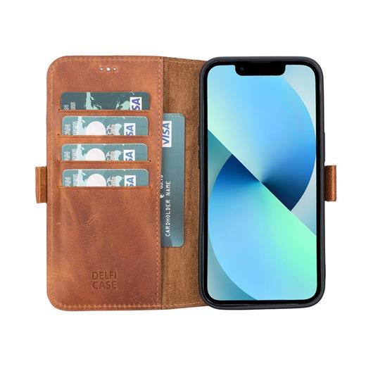 Apple İphone 13 Uyumlu Deri Cüzdanlı Kılıf Karamel