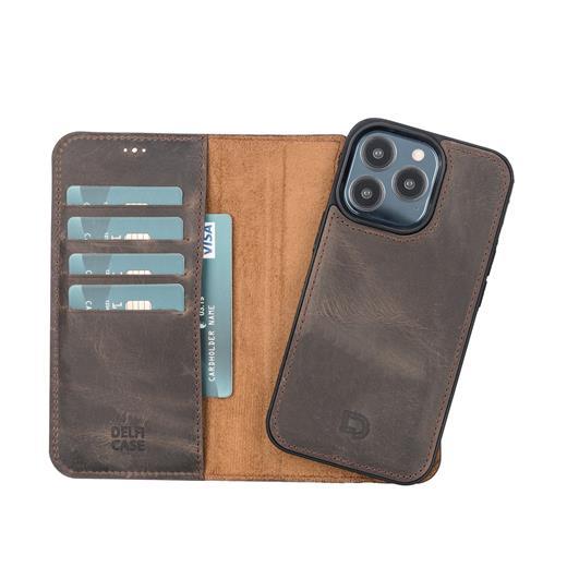 Apple İphone 13 Pro Uyumlu Deri Cüzdanlı Kılıf Acı Kahve