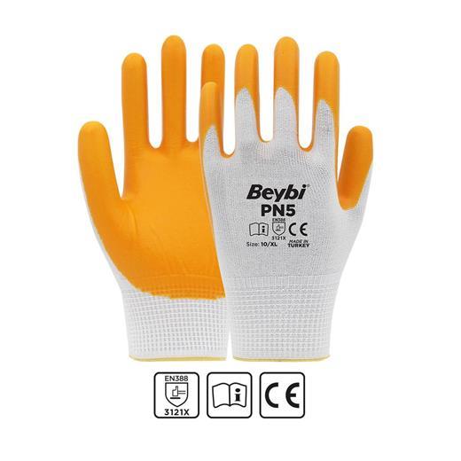 Beybi Nitril Pmk Pn5 Beyaz Sarı Örme Polyoster Nitril  9 Beden 12Li Paket En388 (3121X)