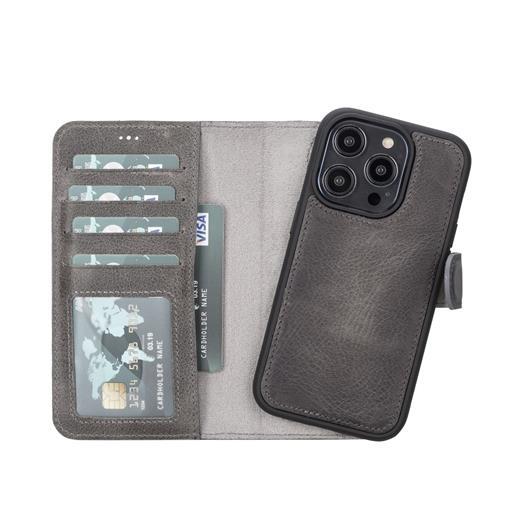 Apple İphone 14 Pro Uyumlu Deri Cüzdanlı Kılıf Mwwn Rustik Gri