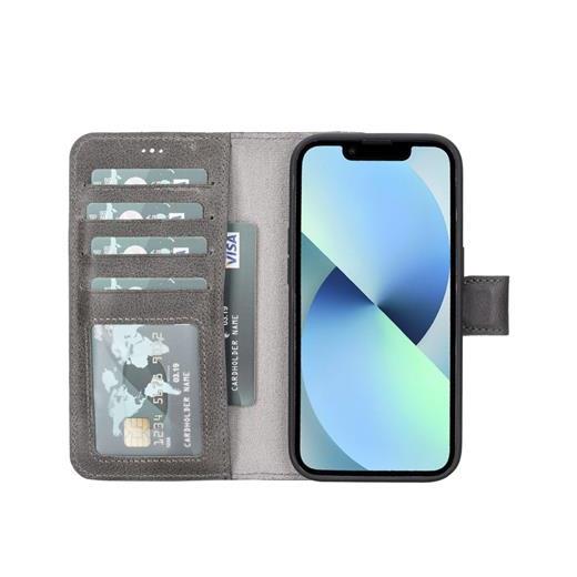 Apple İphone 14 Pro Uyumlu Deri Cüzdanlı Kılıf Mwwn Rustik Gri