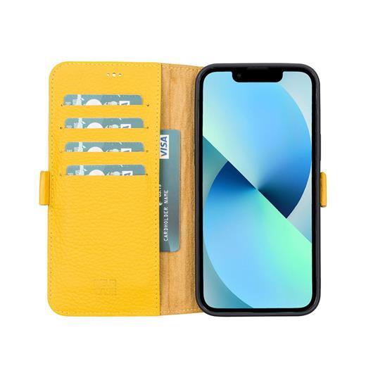 Apple İphone 13 Pro Max Uyumlu Deri Cüzdanlı Kılıf Limon Sarı