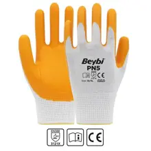 Beybi Nitril Pmk Pn5 Beyaz Sarı Örme Polyoster Nitril  9 Beden 12Li Paket En388 (3121X)